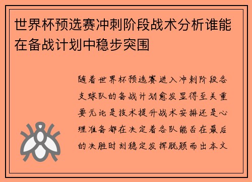 世界杯预选赛冲刺阶段战术分析谁能在备战计划中稳步突围